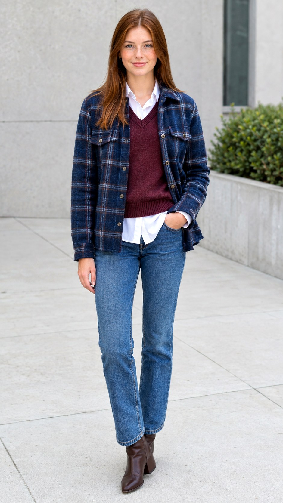 White Button Down And Vest Layering - 24 check shacket outfit ideas