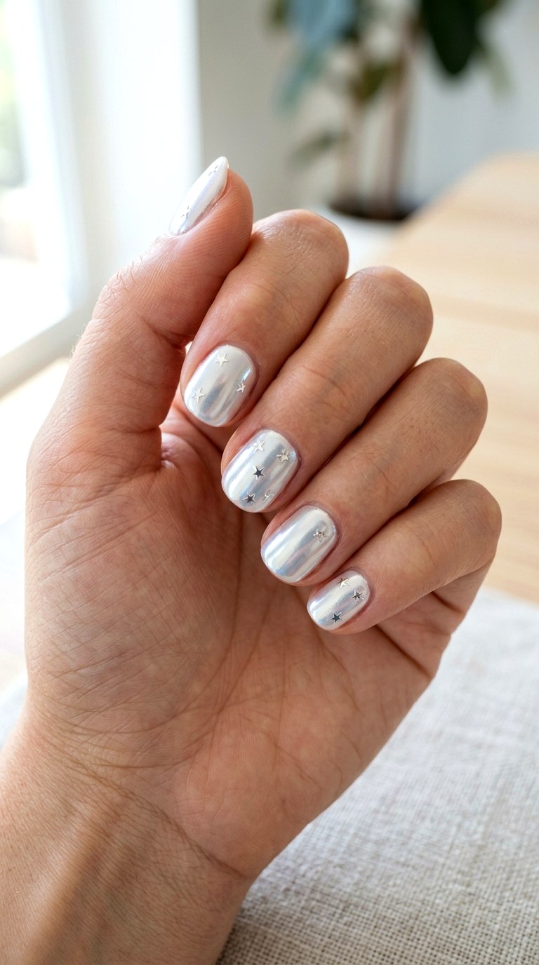White Chrome Star Nails - 24 y2k star short nail ideas