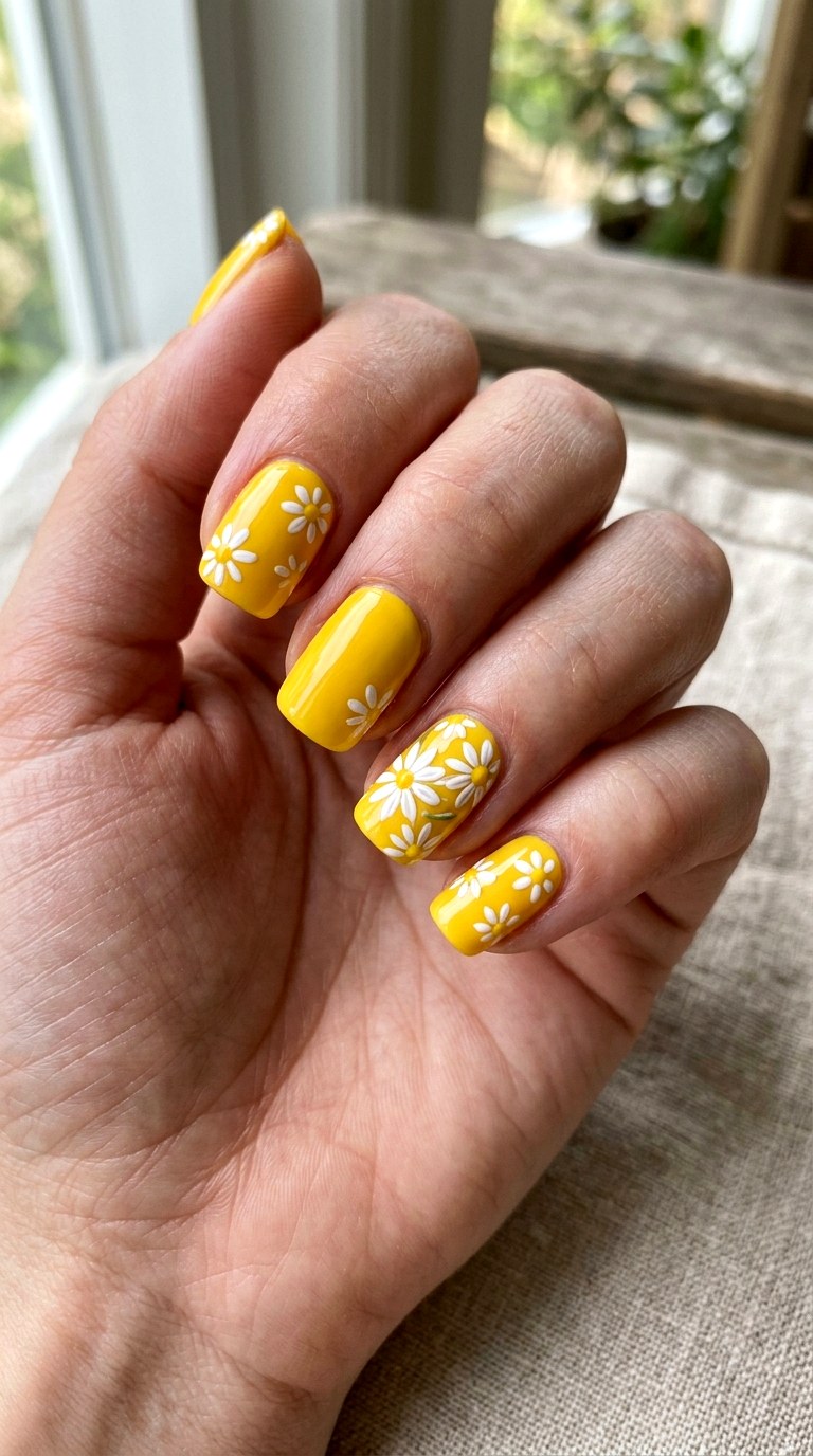 White Daisies On Yellow - 21 dreamy yellow floral summer nail ideas