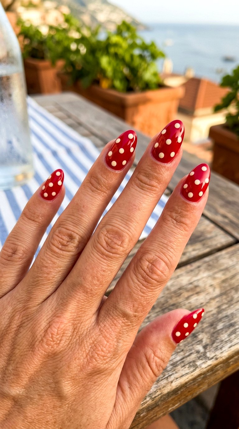 White Dots On Cherry Red - 21 Italian summer polka dot Nail ideas