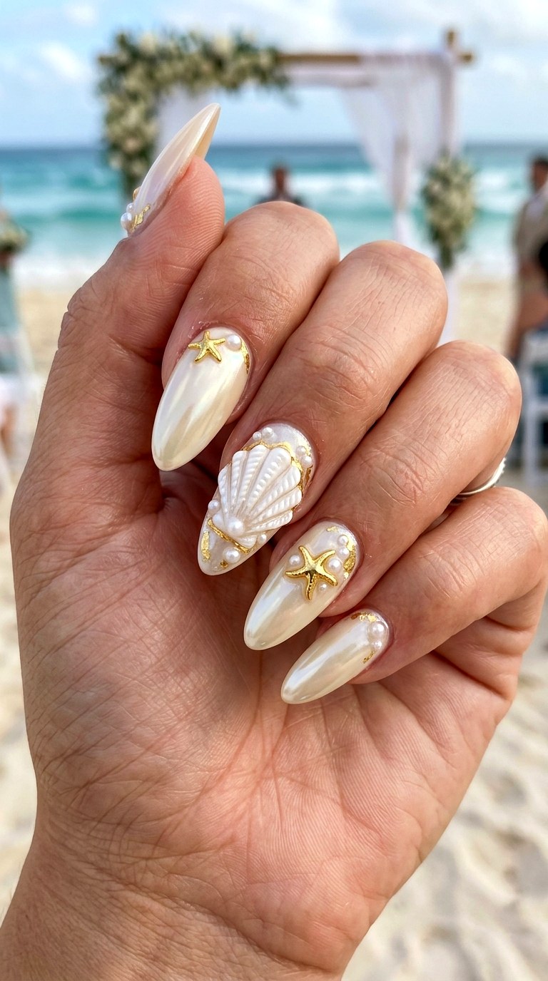 White Shell Gold Starfish Glam - 23 Iridescent Pearl and gold starfish shell nail shimmer design ideas