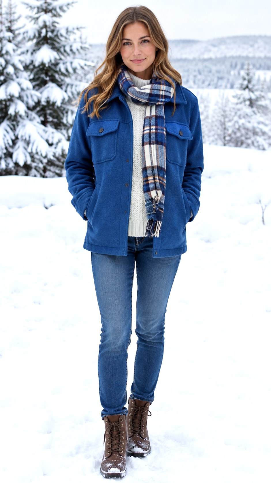 White Sweater and Plaid Scarf Combo - 20 blue shacket outfit ideas