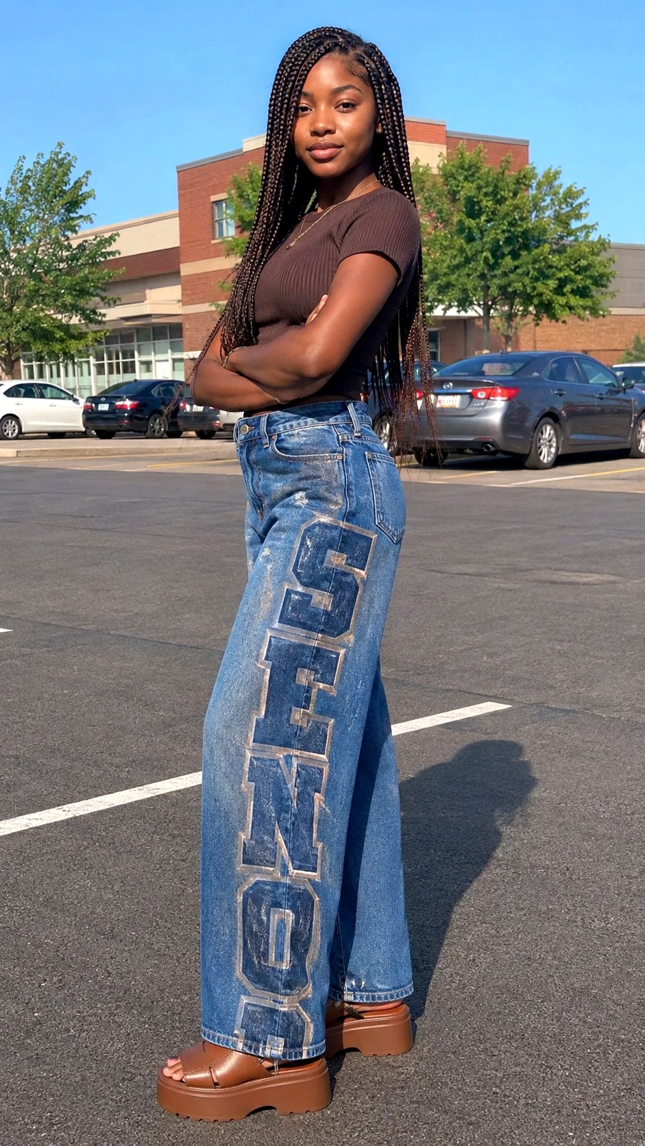 Wide Leg Denim Jeans With Statement Letters - 21 block lettering school spirit ideas