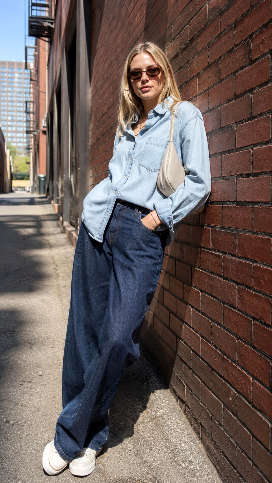 Wide Leg Jeans Denim Button Up Outfit - 22 Denim Button Up Outfit Ideas
