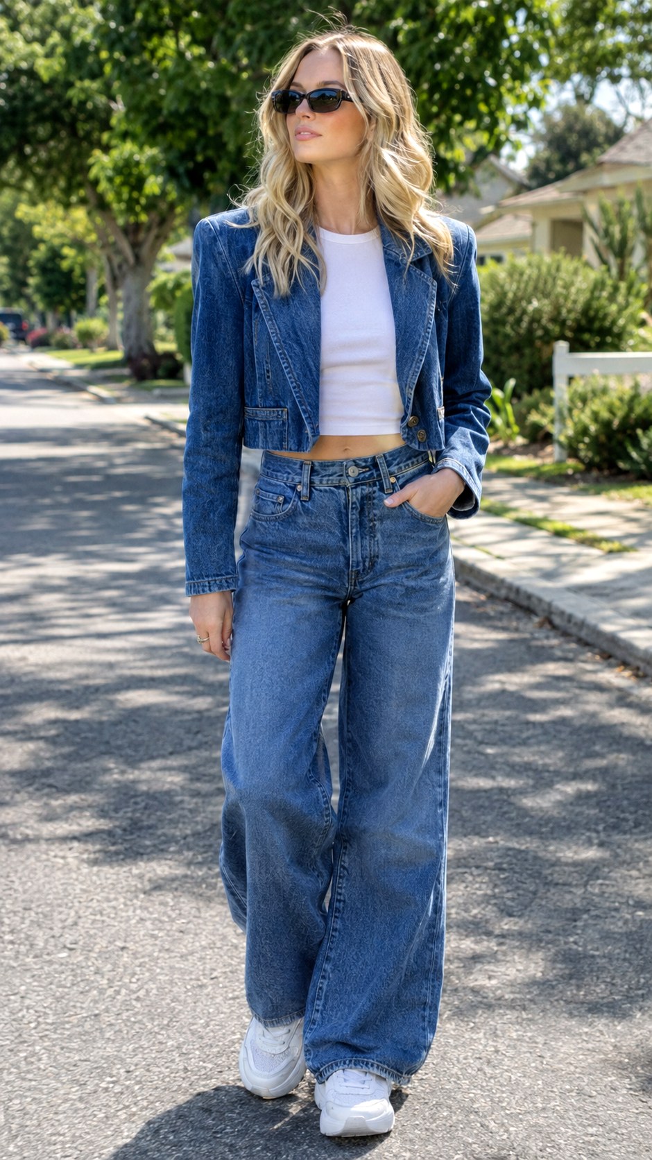 Wide Leg Jeans and Baby Tee - 23 cropped blazer outfit ideas