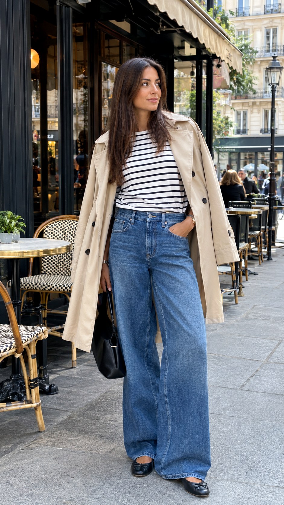 Wide Leg Jeans and Striped Breton Top - 24 Denim Outfits for Women Ideas