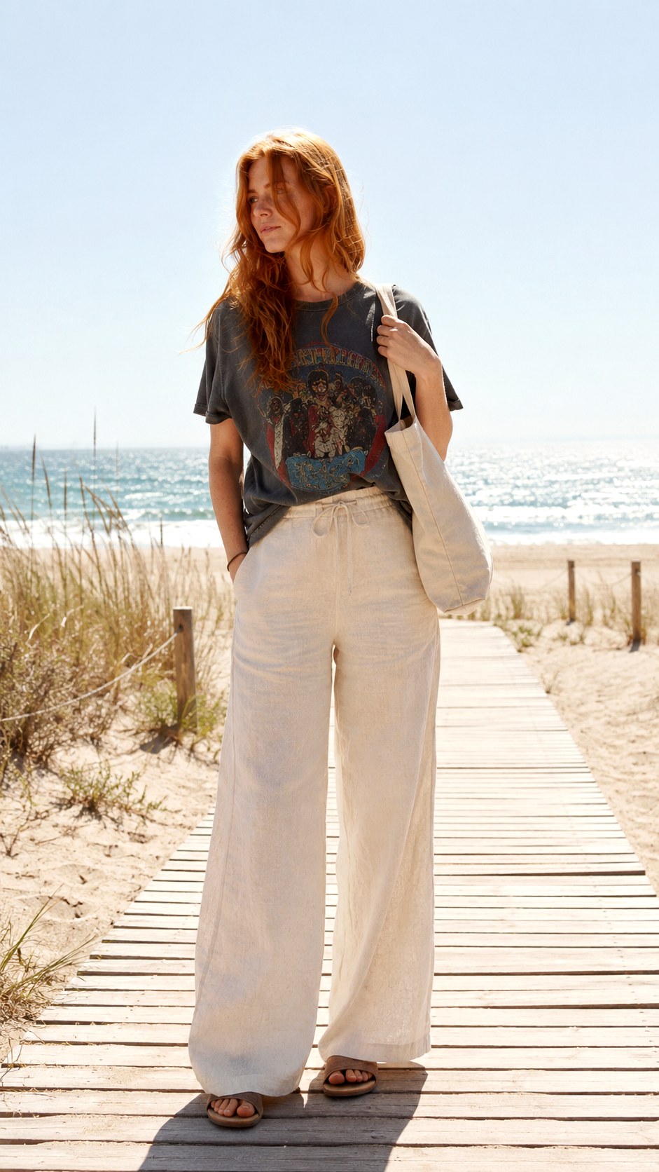 Wide Leg Linen Pants With Band Tee - 25 Indie Aesthetic Outfits Ideas