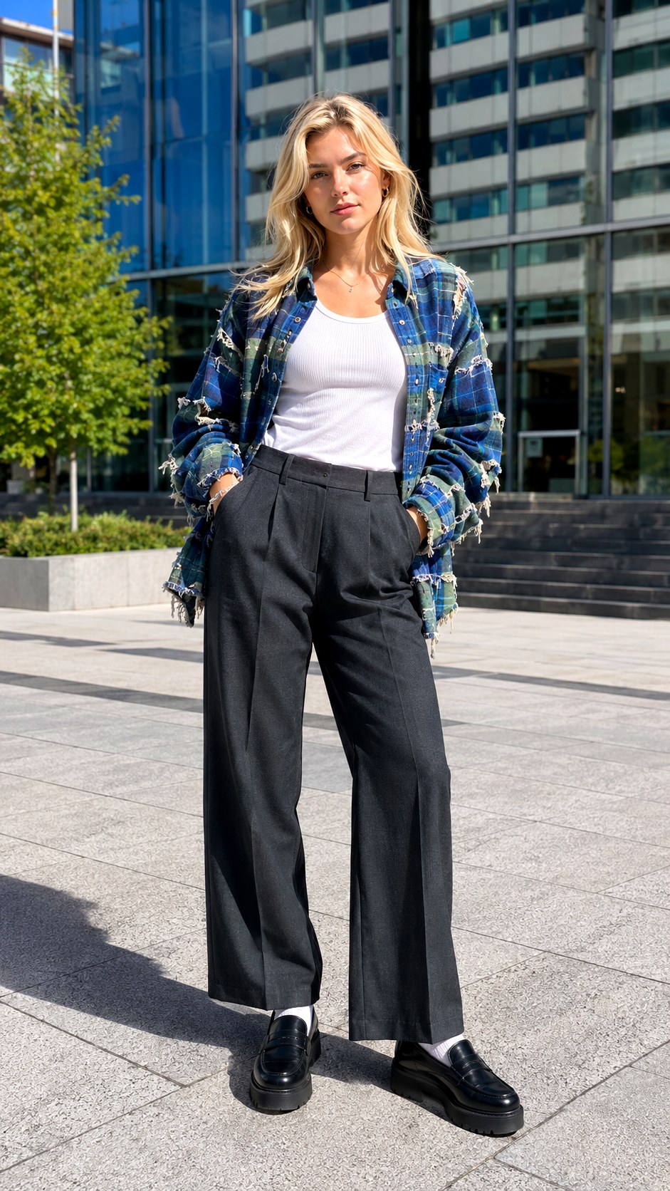 Wide Leg Trousers and Plaid Flannel Shirt - 23 Soft Grunge Outfits Ideas