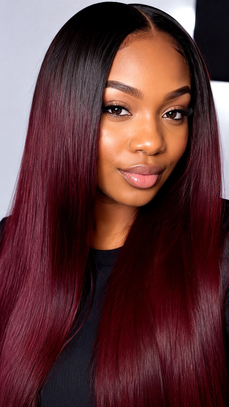 Wine Red Ombre on Sleek Strands - 22 red hair color highlights ideas