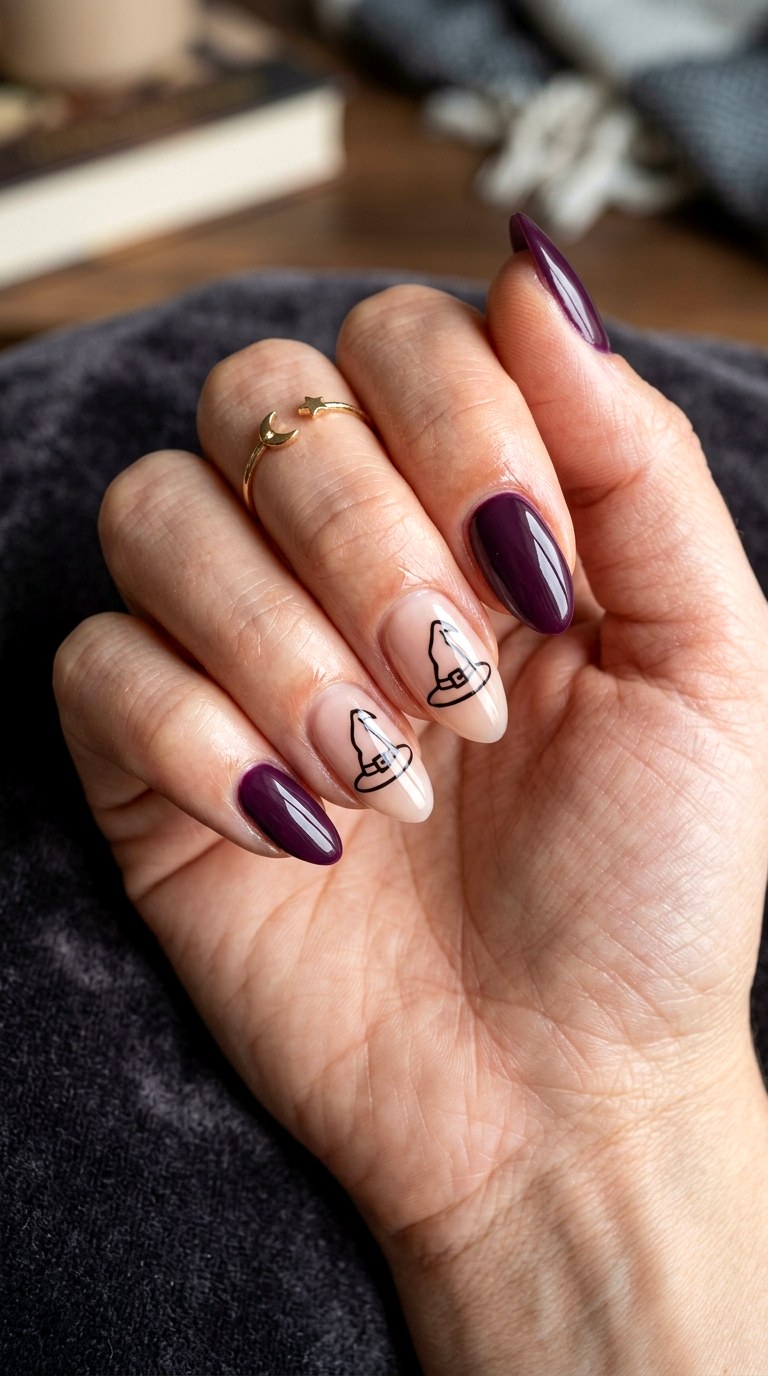 Witch Hat Outline Accent Nails - 23 simple halloween nail design ideas