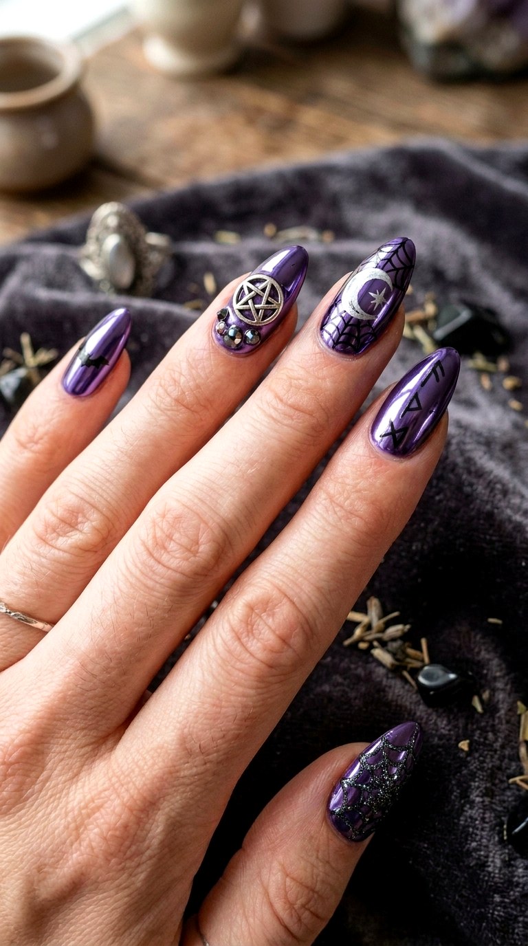 Witchy Purple Chrome Nails - 24 halloween nail ideas