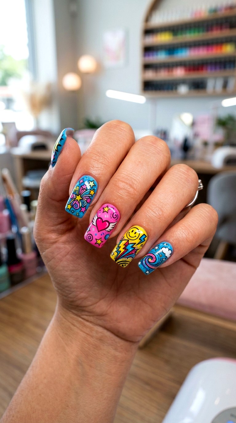 YK Graffiti Comic Nails - 20 Y2K comic nails design ideas