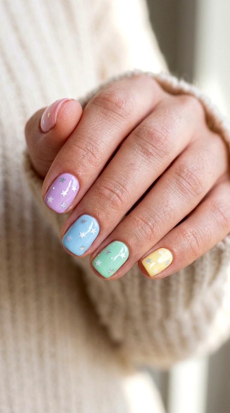 YK Pastel Star Mix - 24 y2k star short nail ideas
