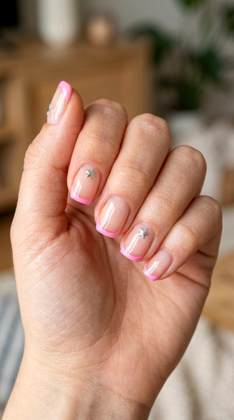 YK Pink Star French - 24 y2k star short nail ideas