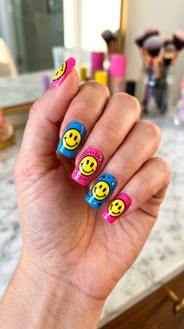 YK Smiley Comic Nails - 20 Y2K comic nails design ideas