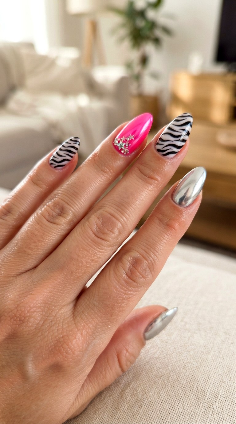 YK Zebra Print Almonds - 22 retro Y2K almond nail ideas