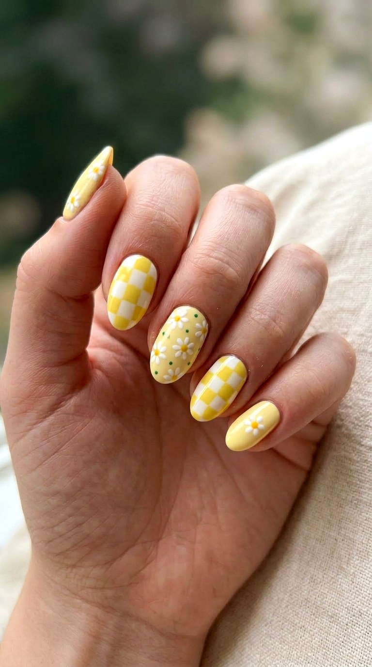 Yellow Daisy Checkerboard - 21 dreamy yellow floral summer nail ideas