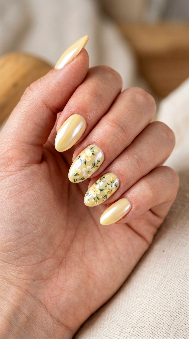 Yellow Floral Chrome Glow - 21 dreamy yellow floral summer nail ideas