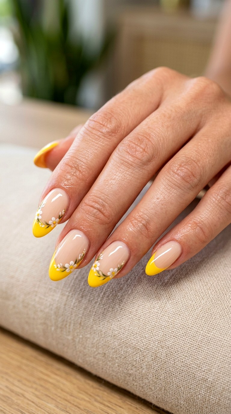Yellow Floral French Almonds - 21 dreamy yellow floral summer nail ideas