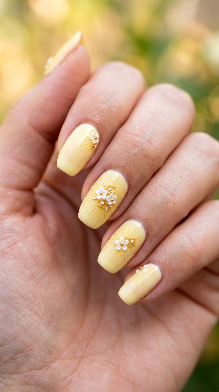Yellow Floral Sunburst Nails - 21 dreamy yellow floral summer nail ideas