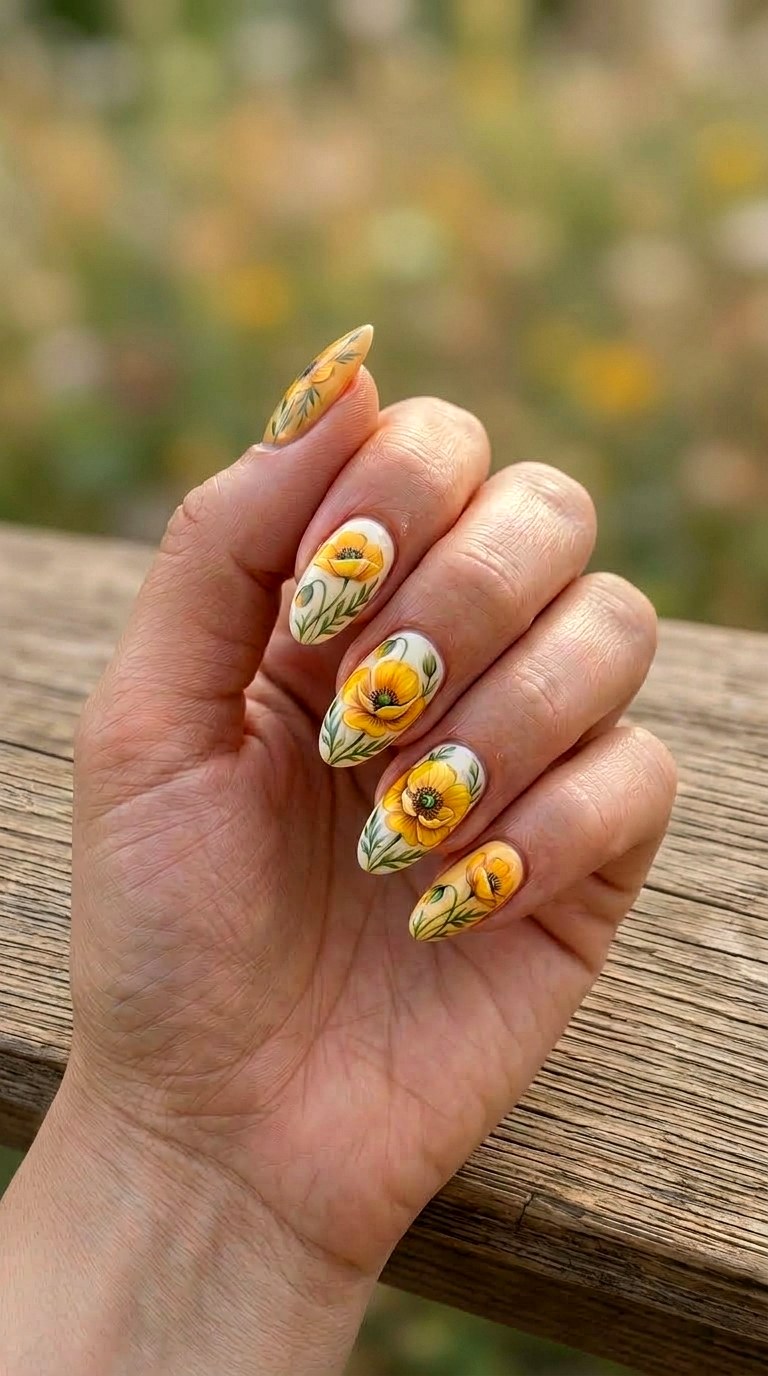 Yellow Poppy Garden - 21 dreamy yellow floral summer nail ideas