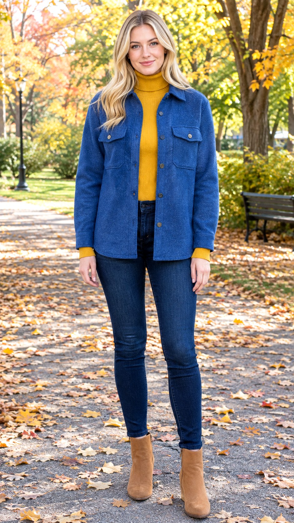 Yellow Roll Neck and Dark Wash Jeans - 20 blue shacket outfit ideas
