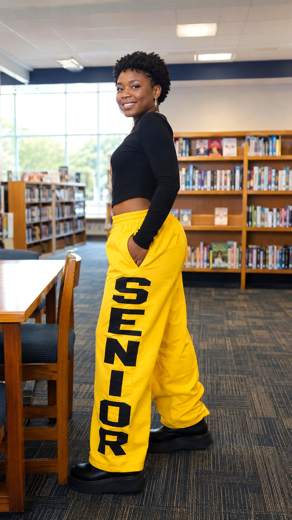 Yellow Wide Leg and Black - 25 varsity font stenciled senior pants