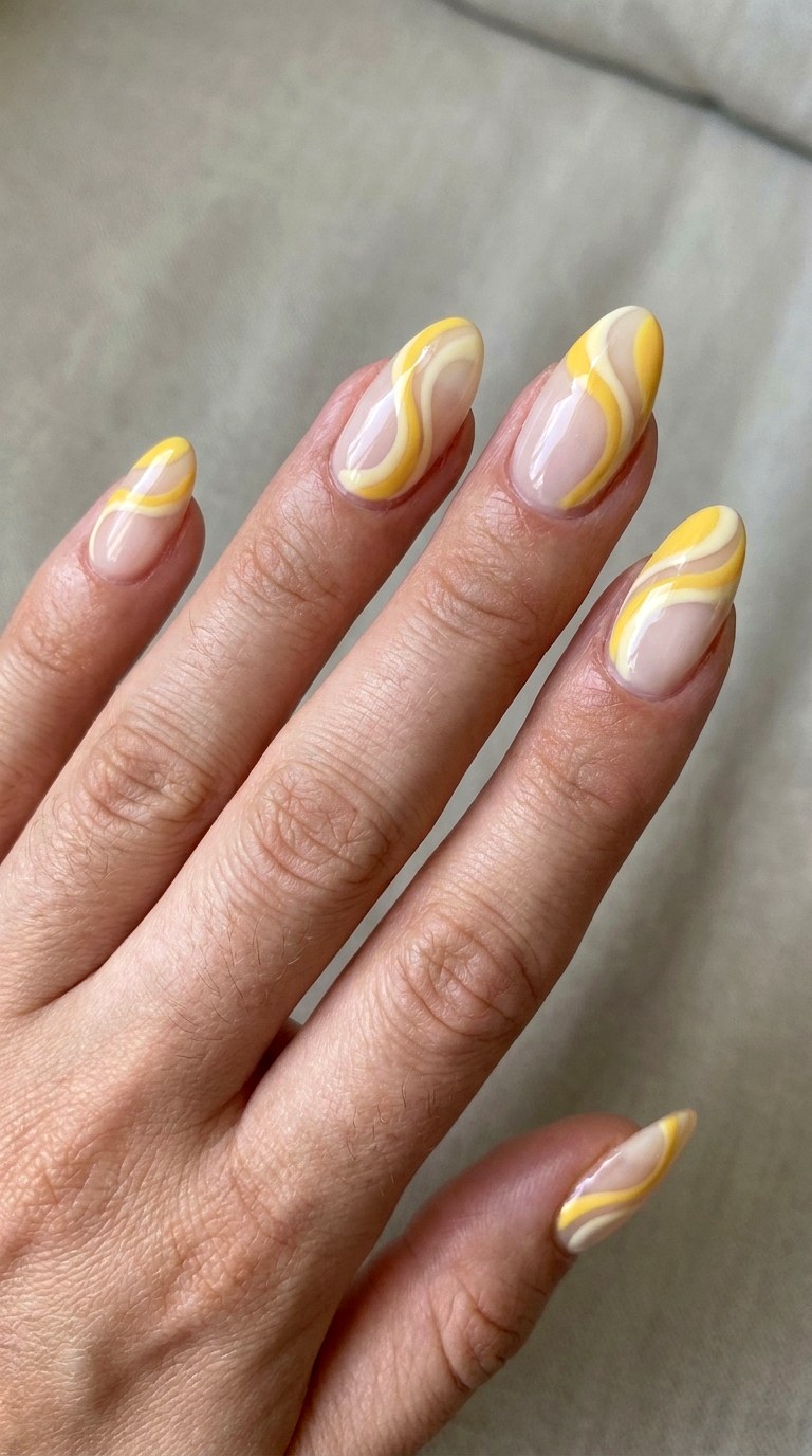 Yellow and White Swirl Tips Nails - 22 sunlit tips Yellow nail design ideas