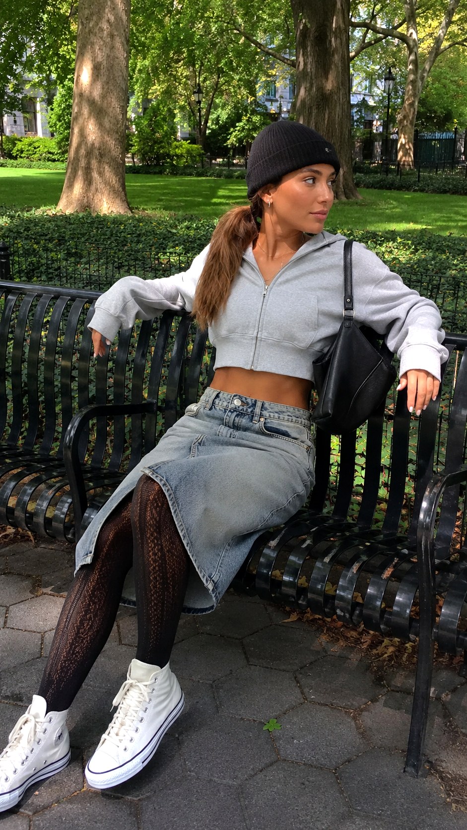 Zip Up and Denim Midi Skirt with Tights - 23 Skirt with Tights Outfit Ideas